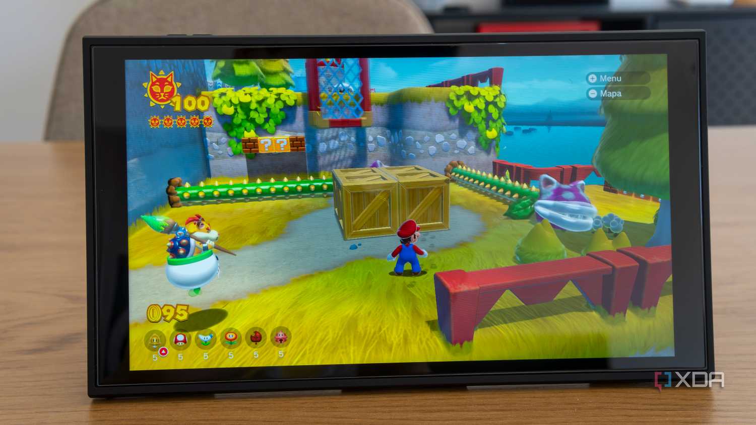 Fronht view of a Nintendo Switch 2 playing Super Mario 3D World + Bowser's Fury