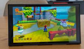 Fronht view of a Nintendo Switch 2 playing Super Mario 3D World + Bowser's Fury