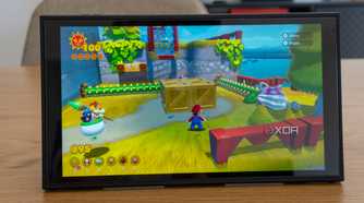 Fronht view of a Nintendo Switch 2 playing Super Mario 3D World + Bowser's Fury