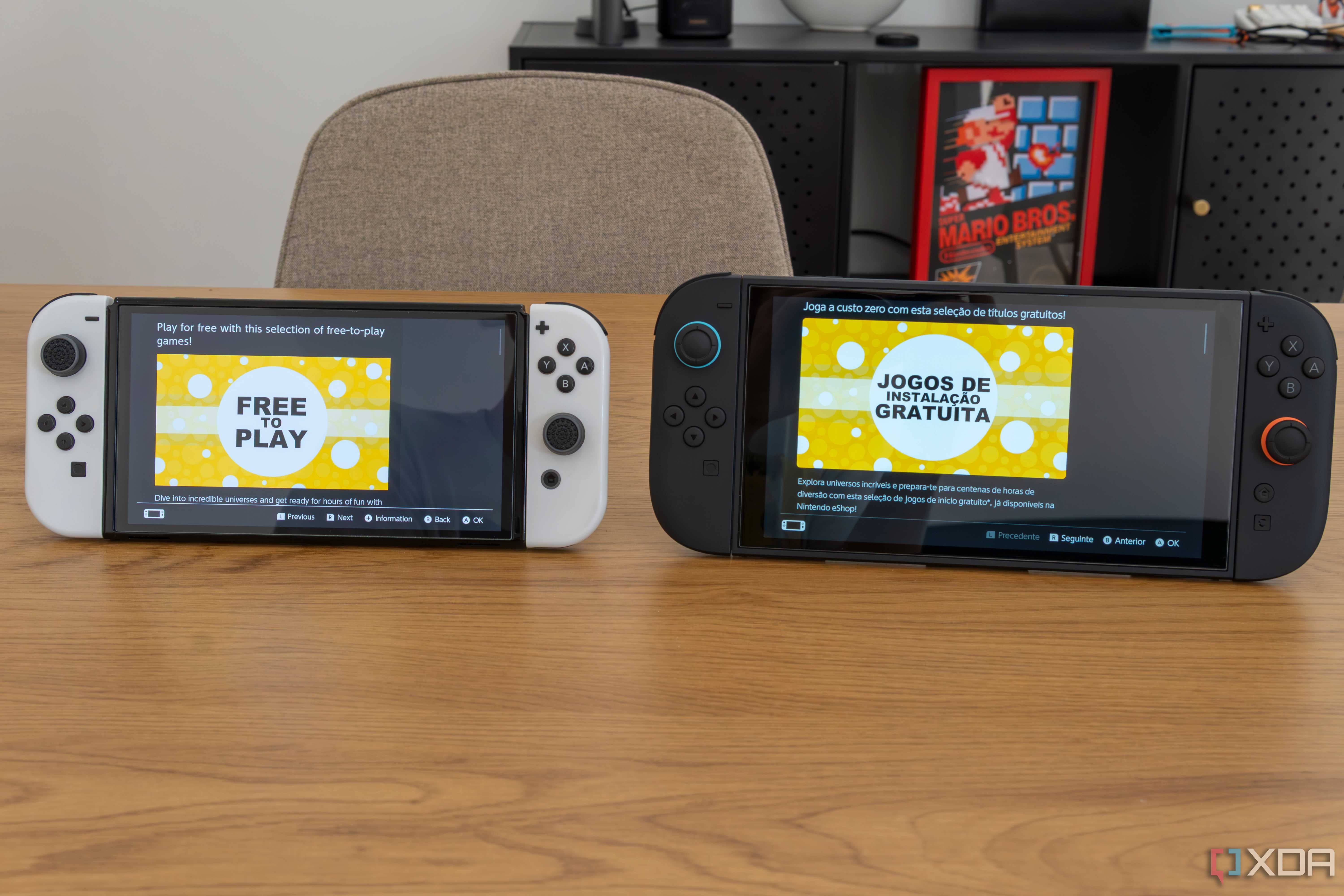 A Nintendo Switch OLED model next to a Switch 2 displaying a news article