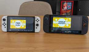 A Nintendo Switch OLED model next to a Switch 2 displaying a news article