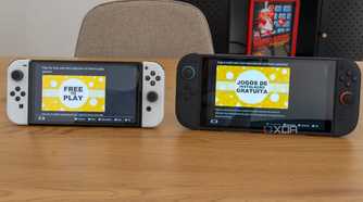 A Nintendo Switch OLED model next to a Switch 2 displaying a news article
