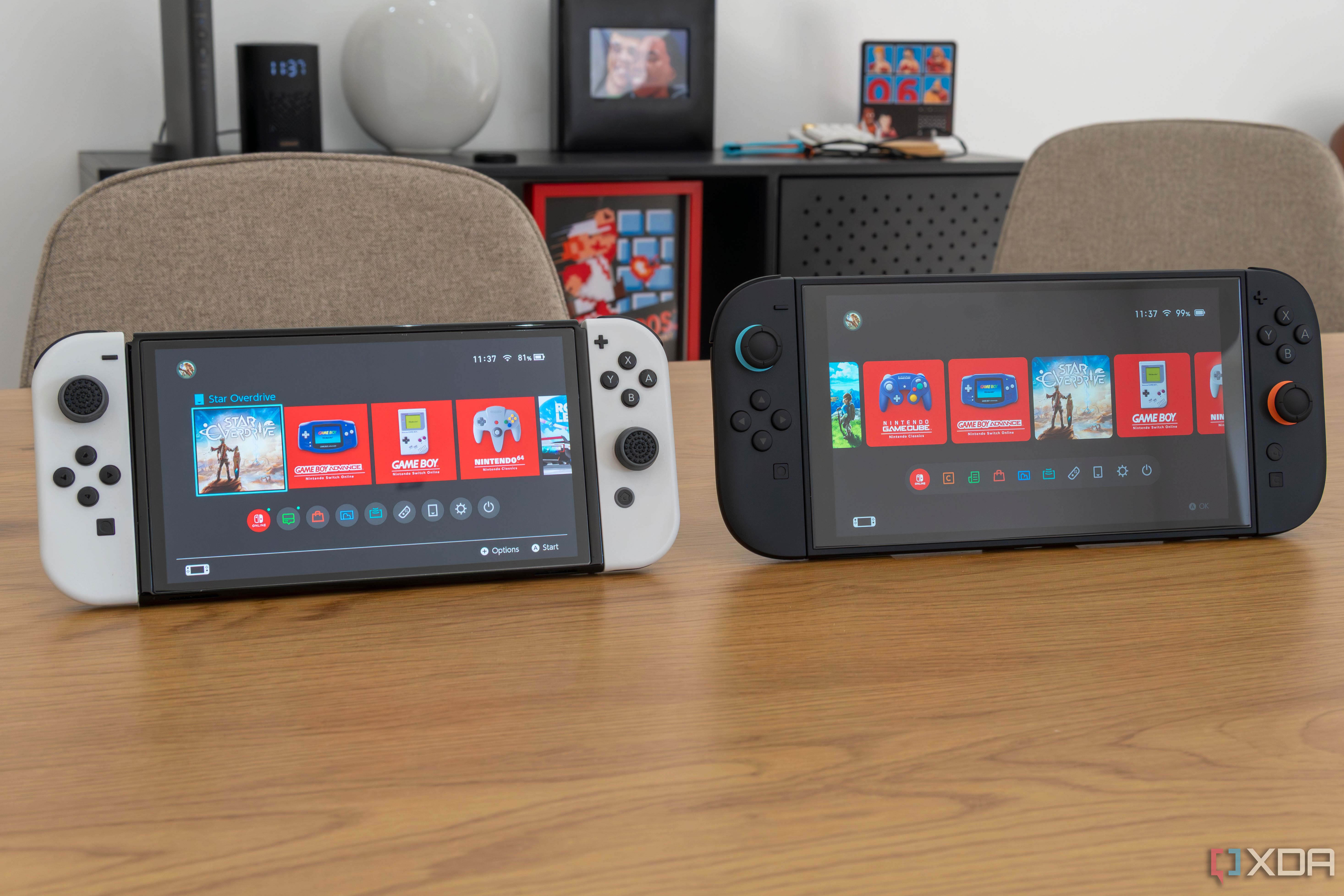 A Nintendo Switch OLED model next to a Nintendo Switch 2, both displaying the home screen