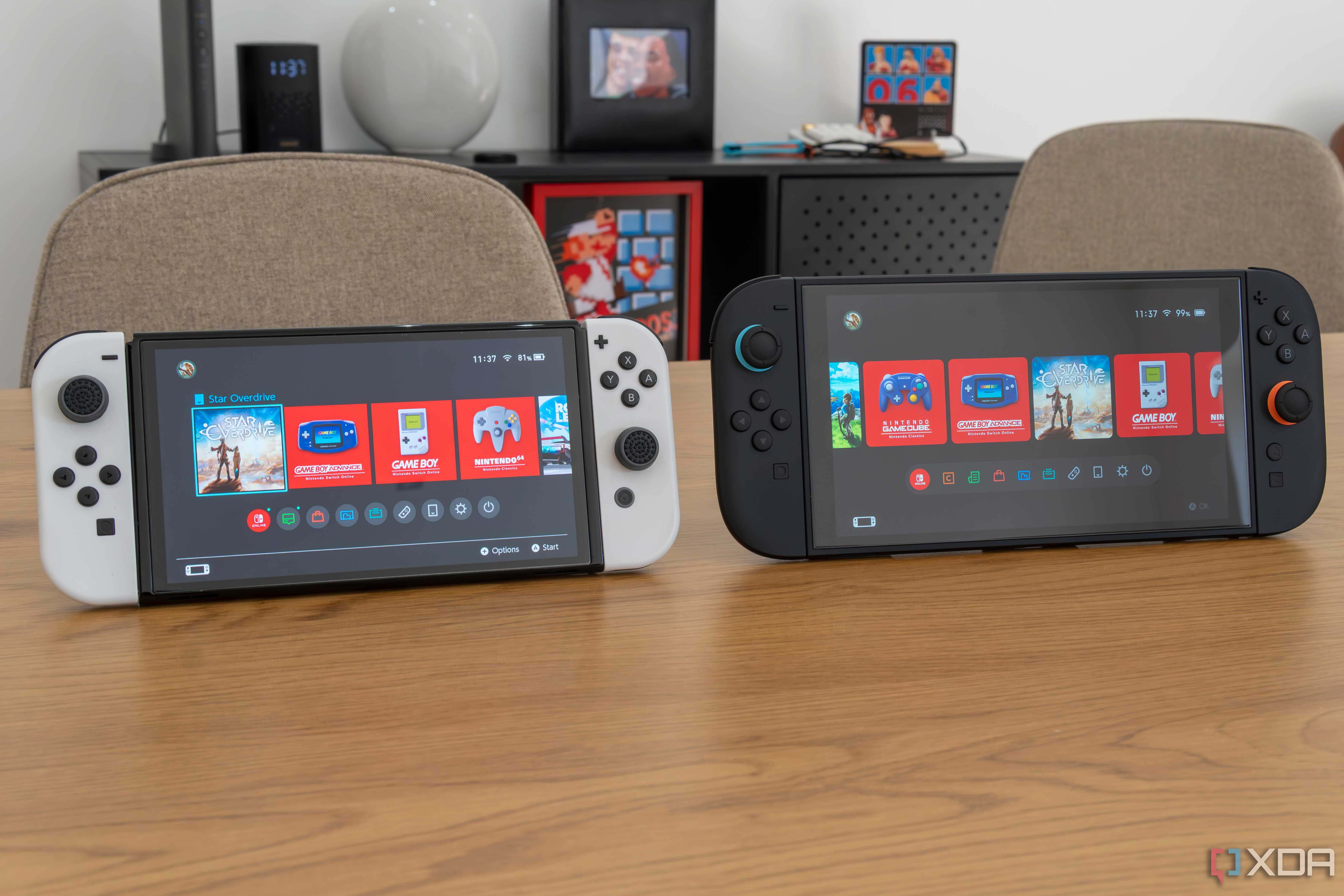 A Nintendo Switch OLED model next to a Nintendo Switch 2, both displaying the home screen