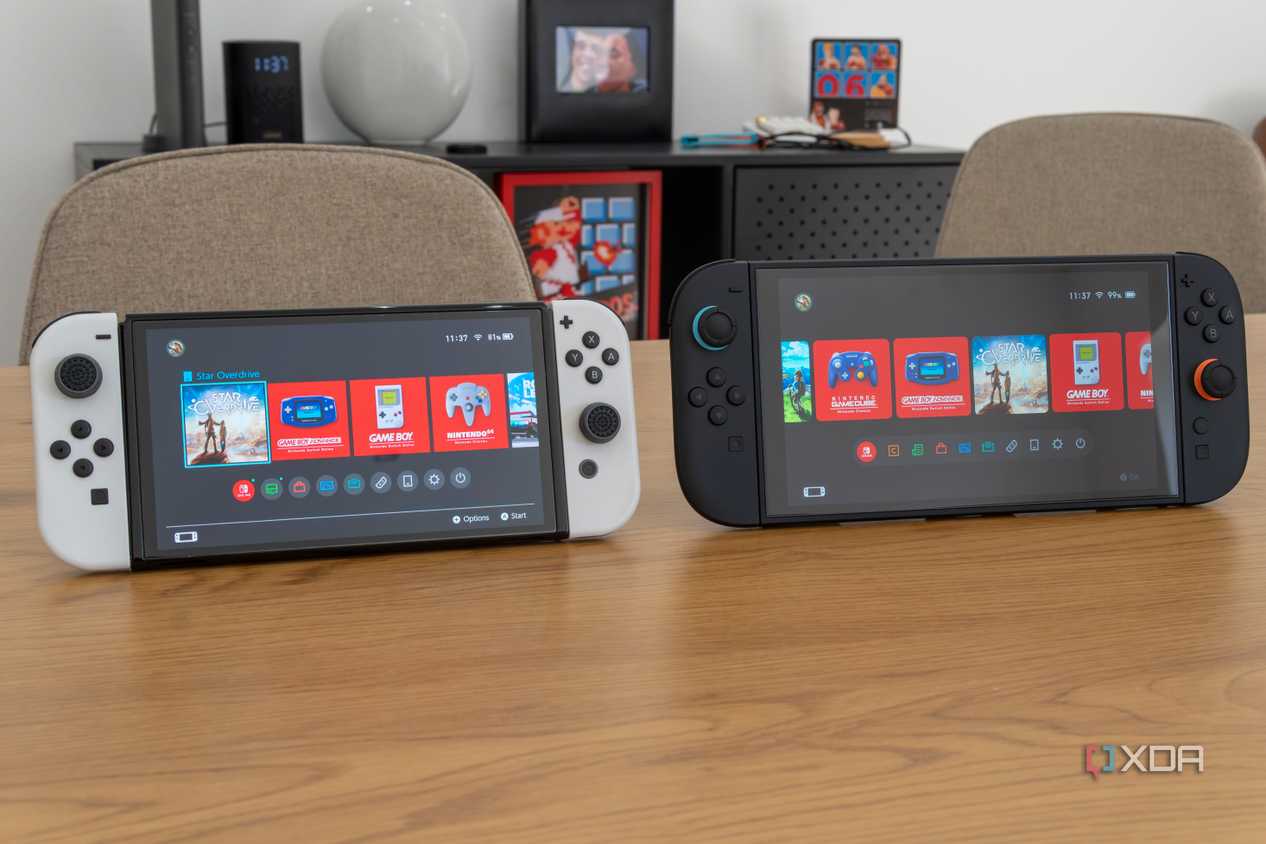 A Nintendo Switch OLED model next to a Nintendo Switch 2, both displaying the home screen