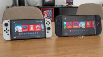 A Nintendo Switch OLED model next to a Nintendo Switch 2, both displaying the home screen
