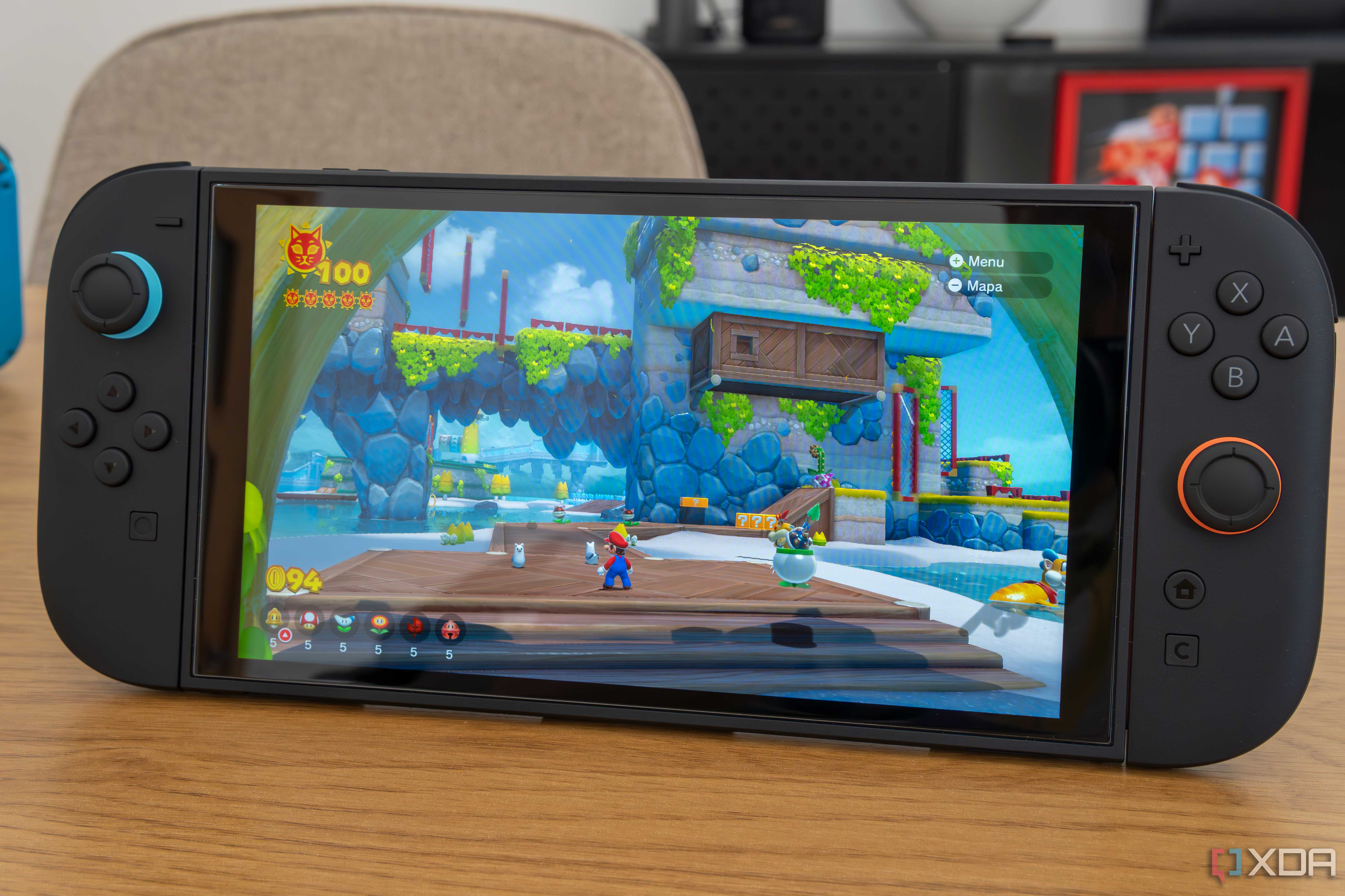 Front view of the Nintendo Switch 2 running Super Mario 3D World + Bowser's Fury