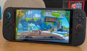 Front view of the Nintendo Switch 2 running Super Mario 3D World + Bowser's Fury