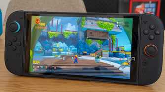 Front view of the Nintendo Switch 2 running Super Mario 3D World + Bowser's Fury
