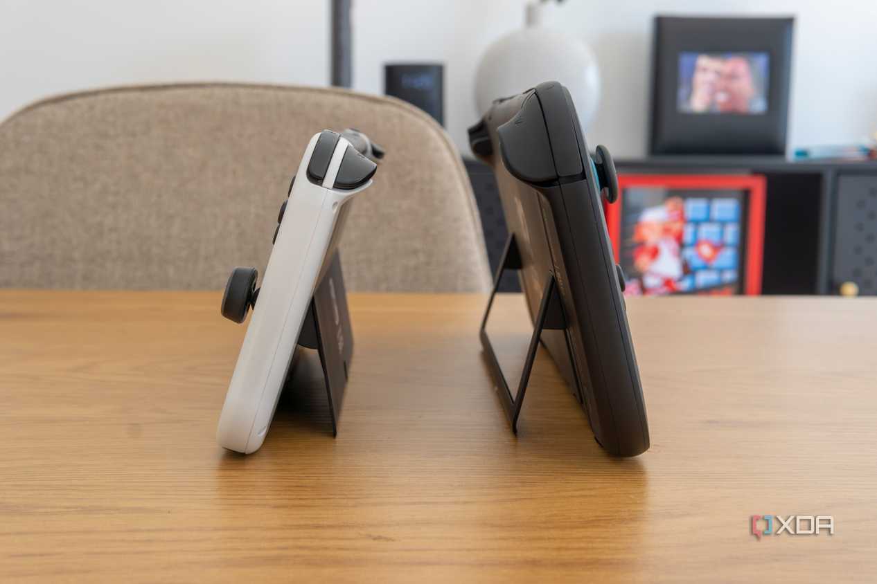 Profile view of a Nintendo Switch 2 and an OLED model of the Switch, showing both of their kickstands