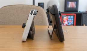 Profile view of a Nintendo Switch 2 and an OLED model of the Switch, showing both of their kickstands
