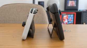 Profile view of a Nintendo Switch 2 and an OLED model of the Switch, showing both of their kickstands