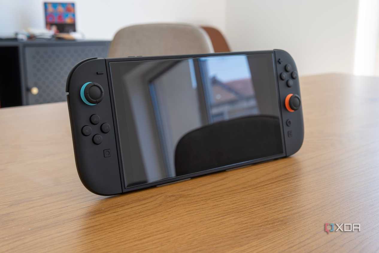 Angled front view of the Nintendo Switch 2 on a wooden table