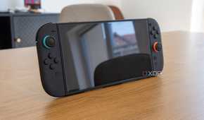 Angled front view of the Nintendo Switch 2 on a wooden table