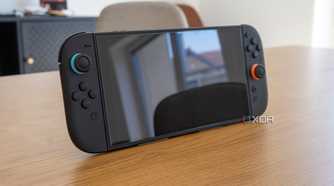 Angled front view of the Nintendo Switch 2 on a wooden table