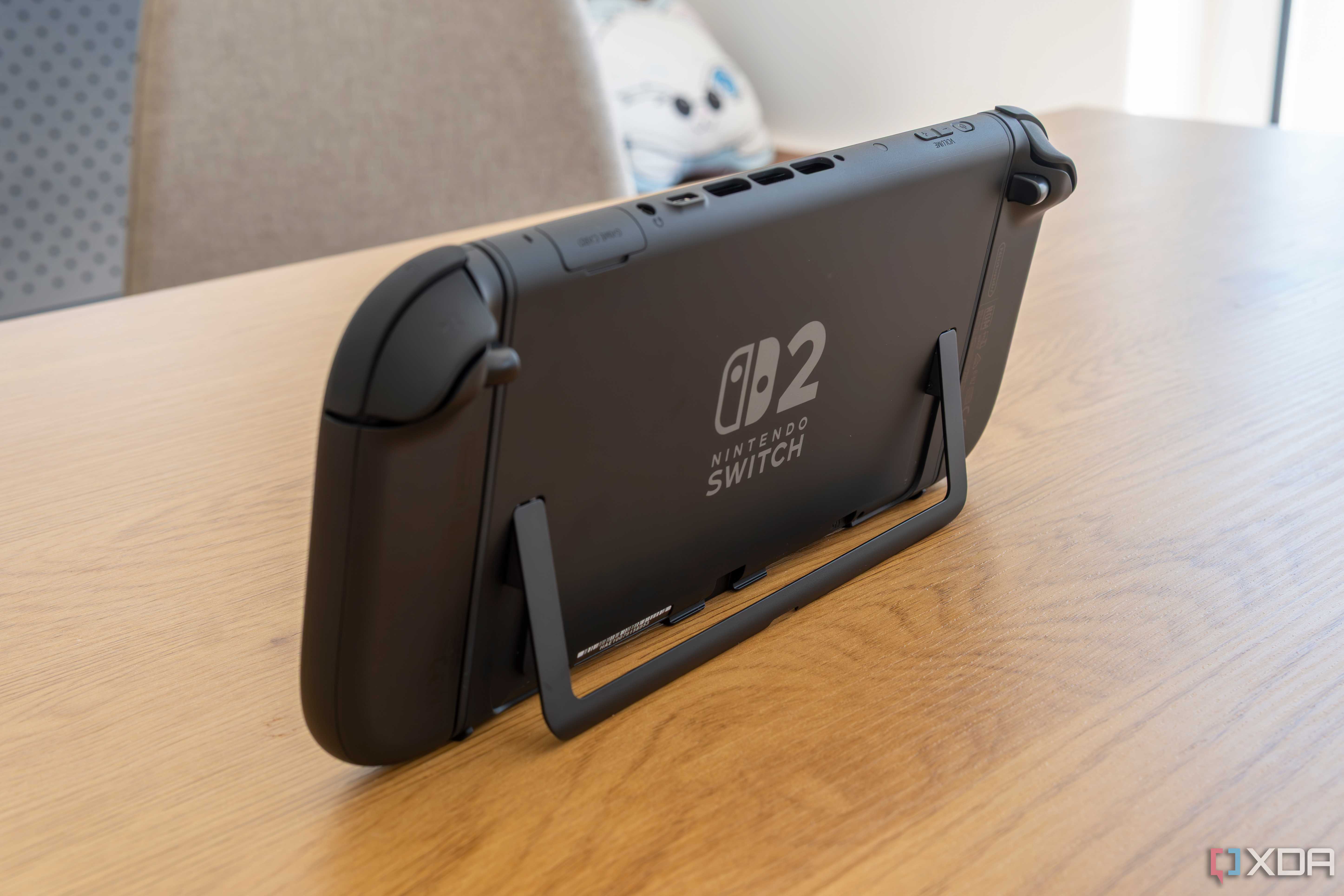 Rear angled view of the Nintendo Switch 2 on a wooden table