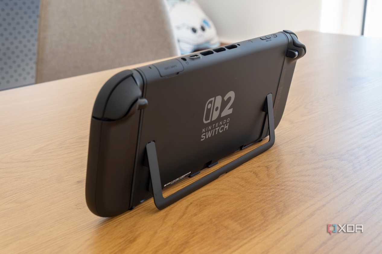 Rear angled view of the Nintendo Switch 2 on a wooden table