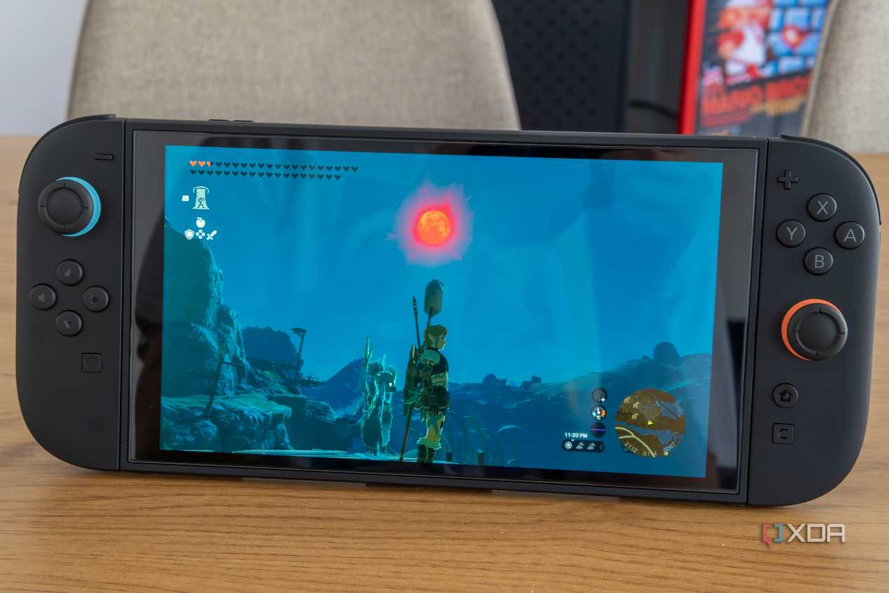 A Nintendo Switch 2 running Zelda Tears of the Kingdom with the Joy-Con attached