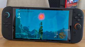 A Nintendo Switch 2 running Zelda Tears of the Kingdom with the Joy-Con attached