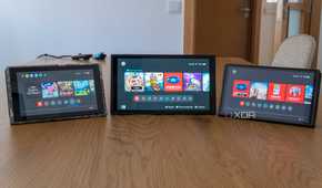 An original Nintendo Switch, a Nintendo Switch OLED model, and a Nintendo Switch 2, all displaying the home menu