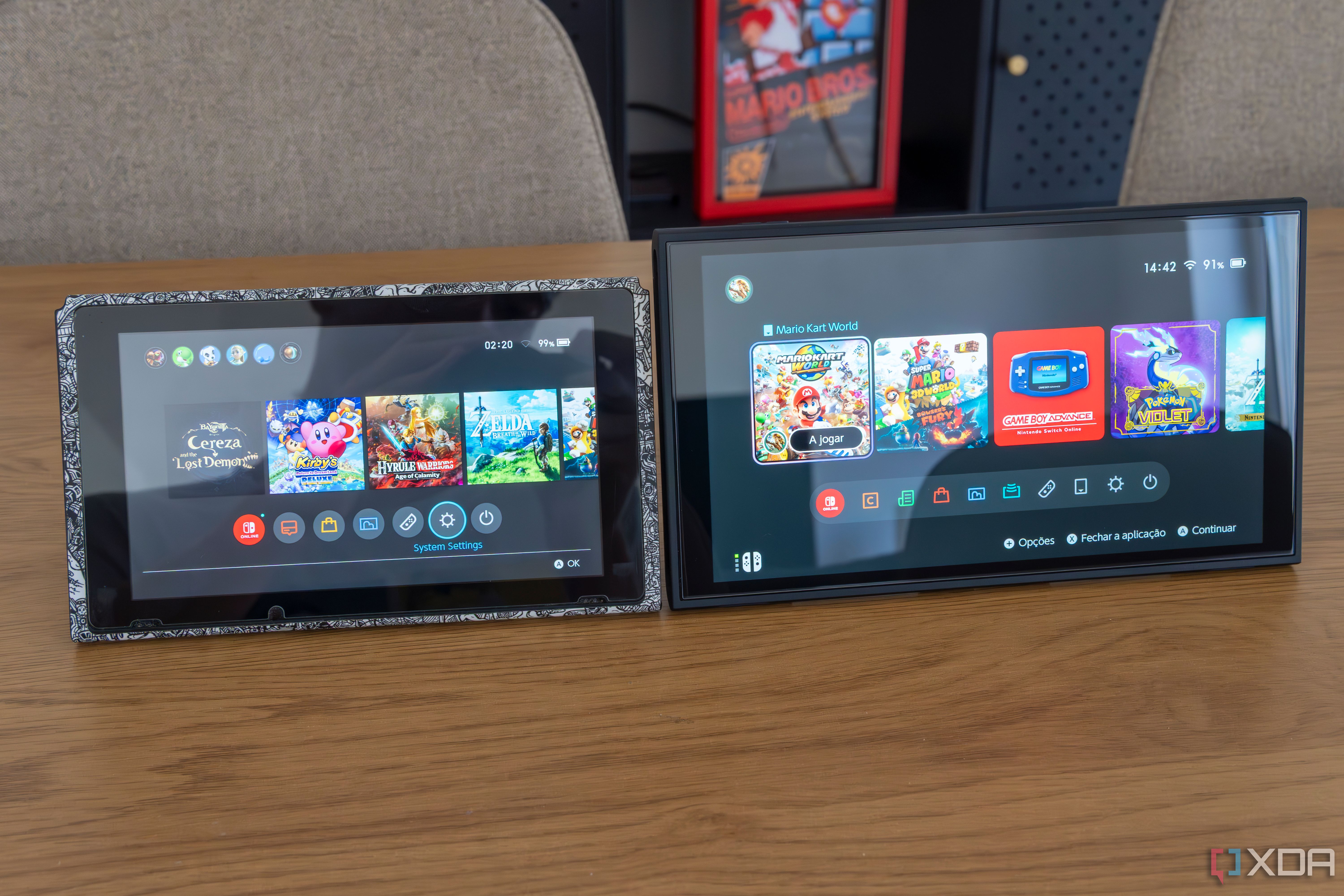 An original Nintendo Switch and a Nintendo Switch 2, both displaying the Home menu