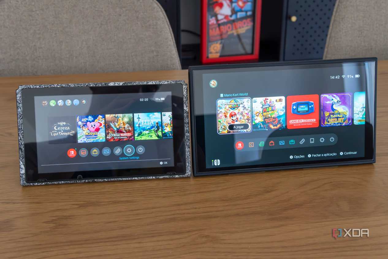 An original Nintendo Switch and a Nintendo Switch 2, both displaying the Home menu