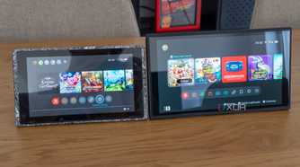 An original Nintendo Switch and a Nintendo Switch 2, both displaying the Home menu
