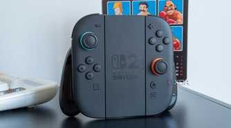 A Nintendo Switch 2 grip with the two Joy-Con controllers attached