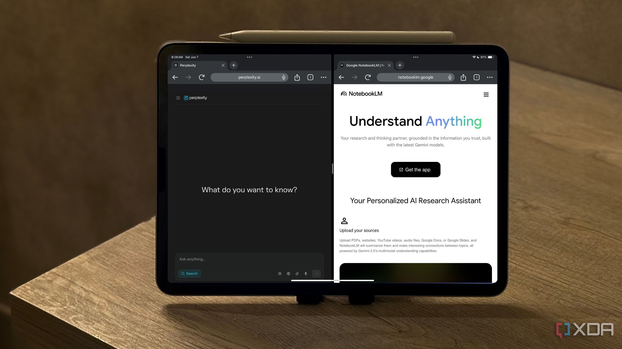 NotebookLM and Perplexity's website displayed 