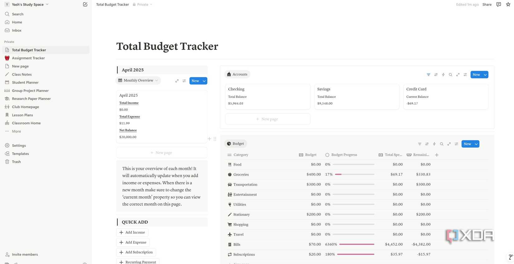 Budget tracker for students on Notion
