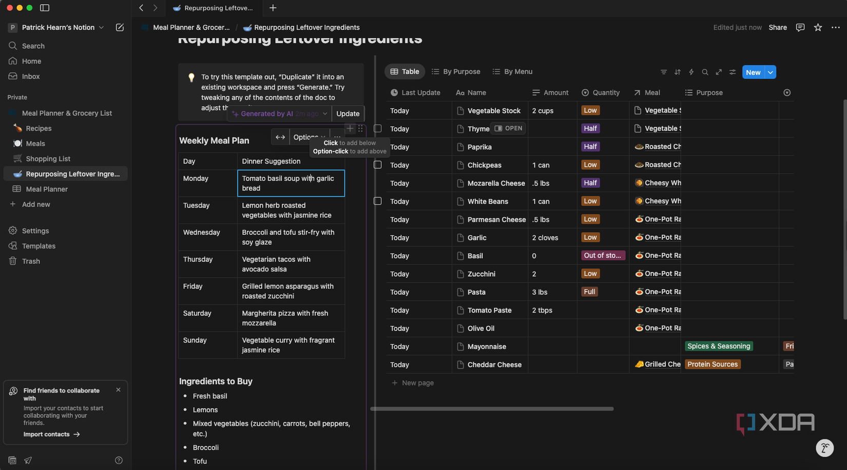 A screenshot depicting an AI-generated meal plan for the week ahead. 
