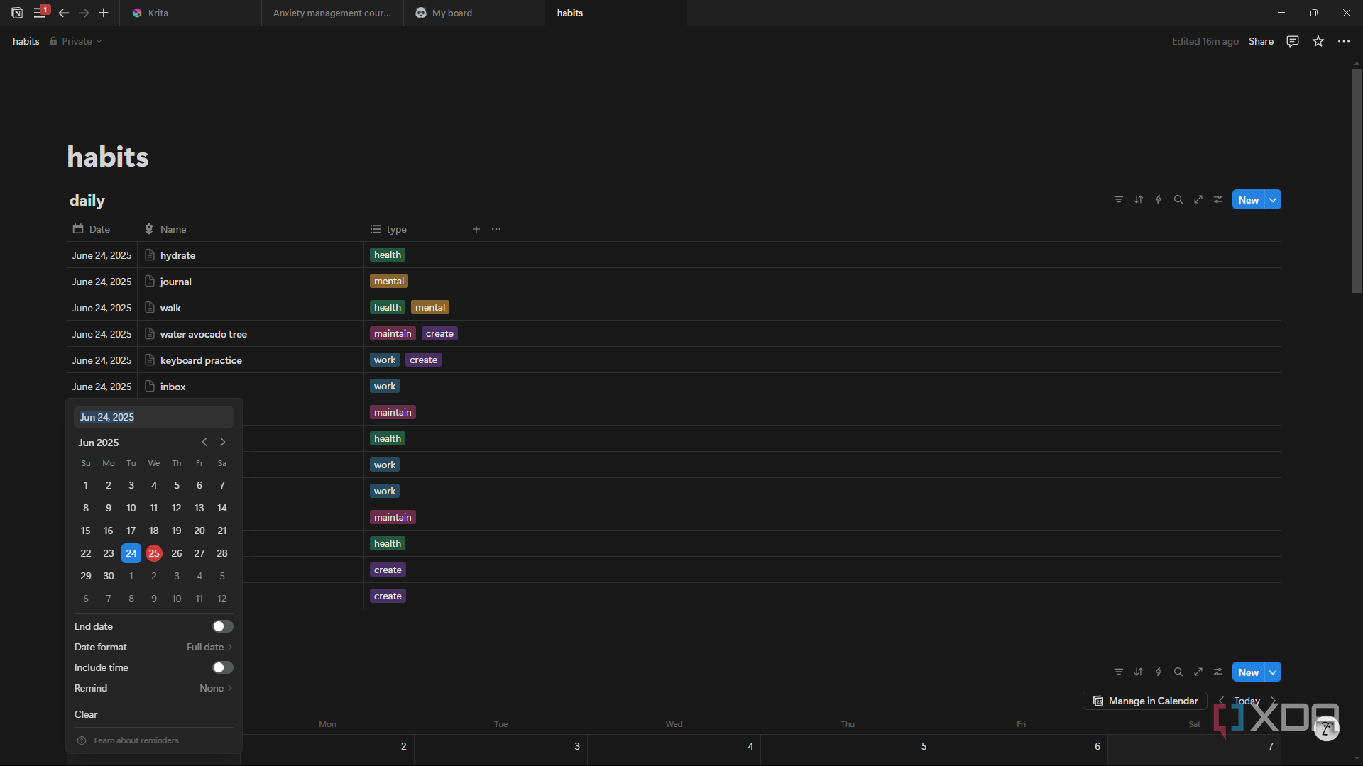 Notion setting date on database entry