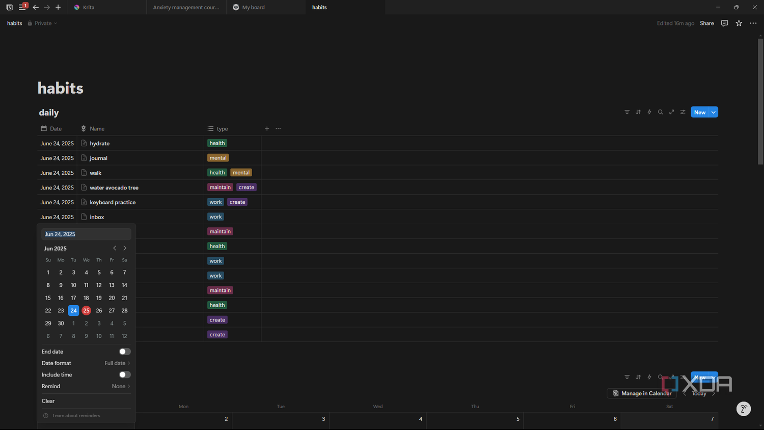 Notion setting date on database entry