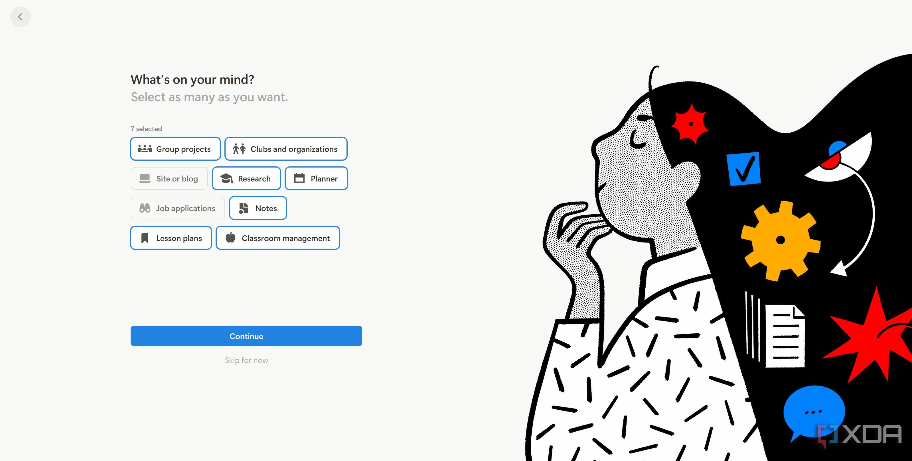 Select options to include on your student workspace on Notion.