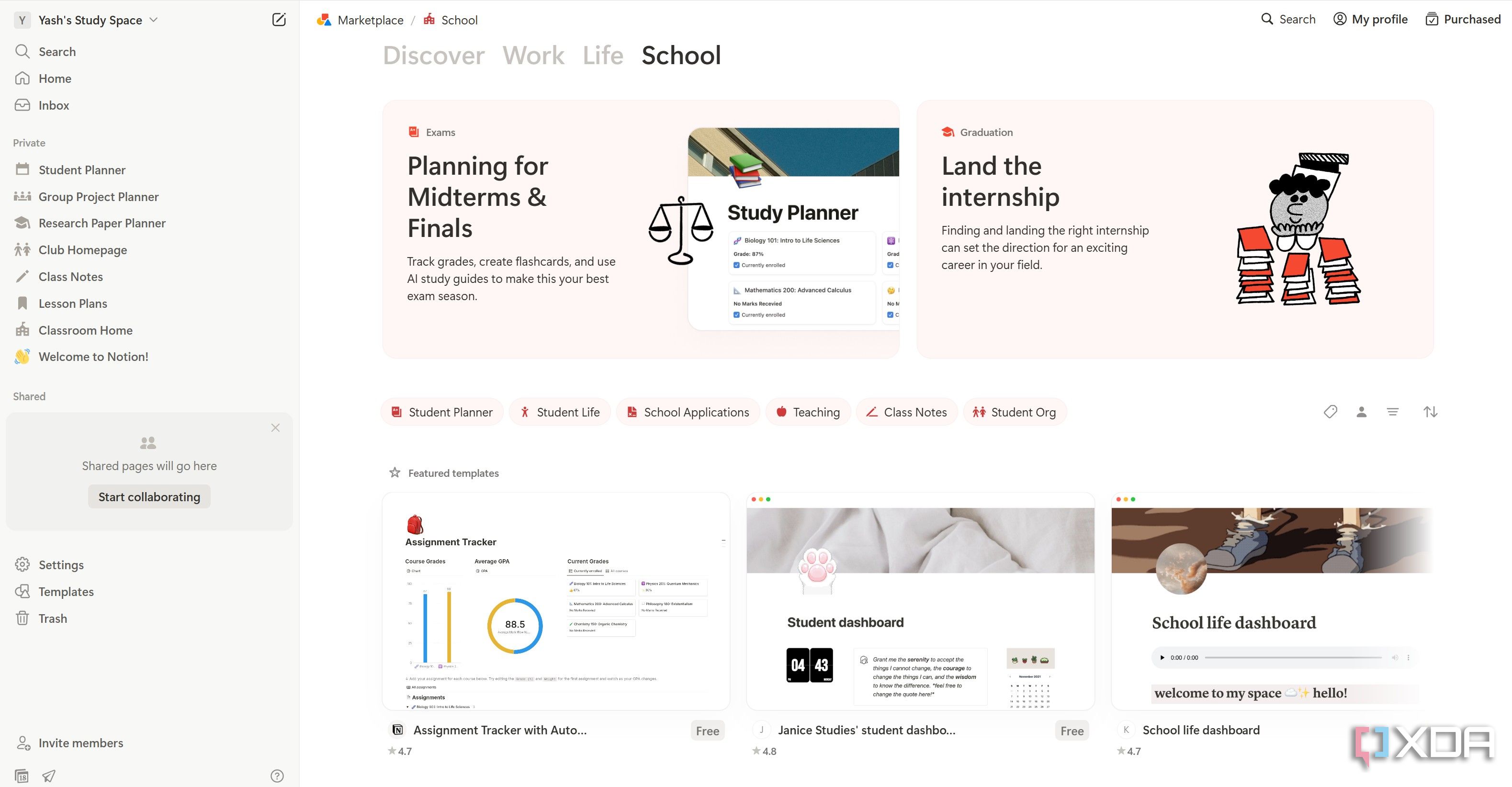 Various templates on Notion for students
