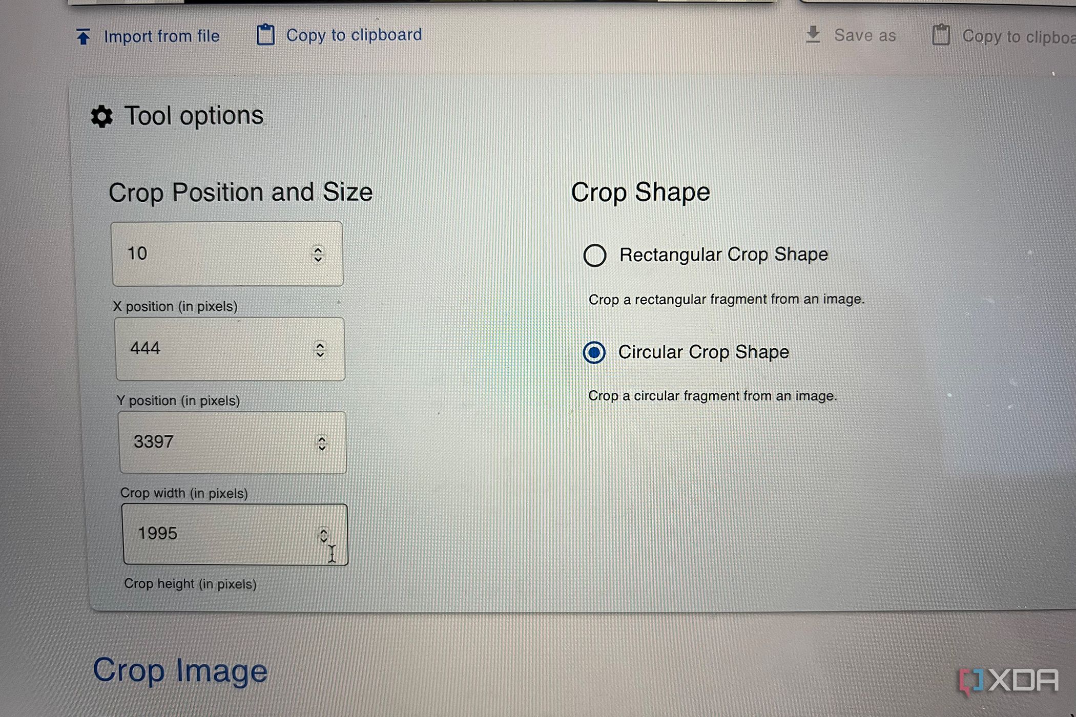 Omni Tools crop tool settings