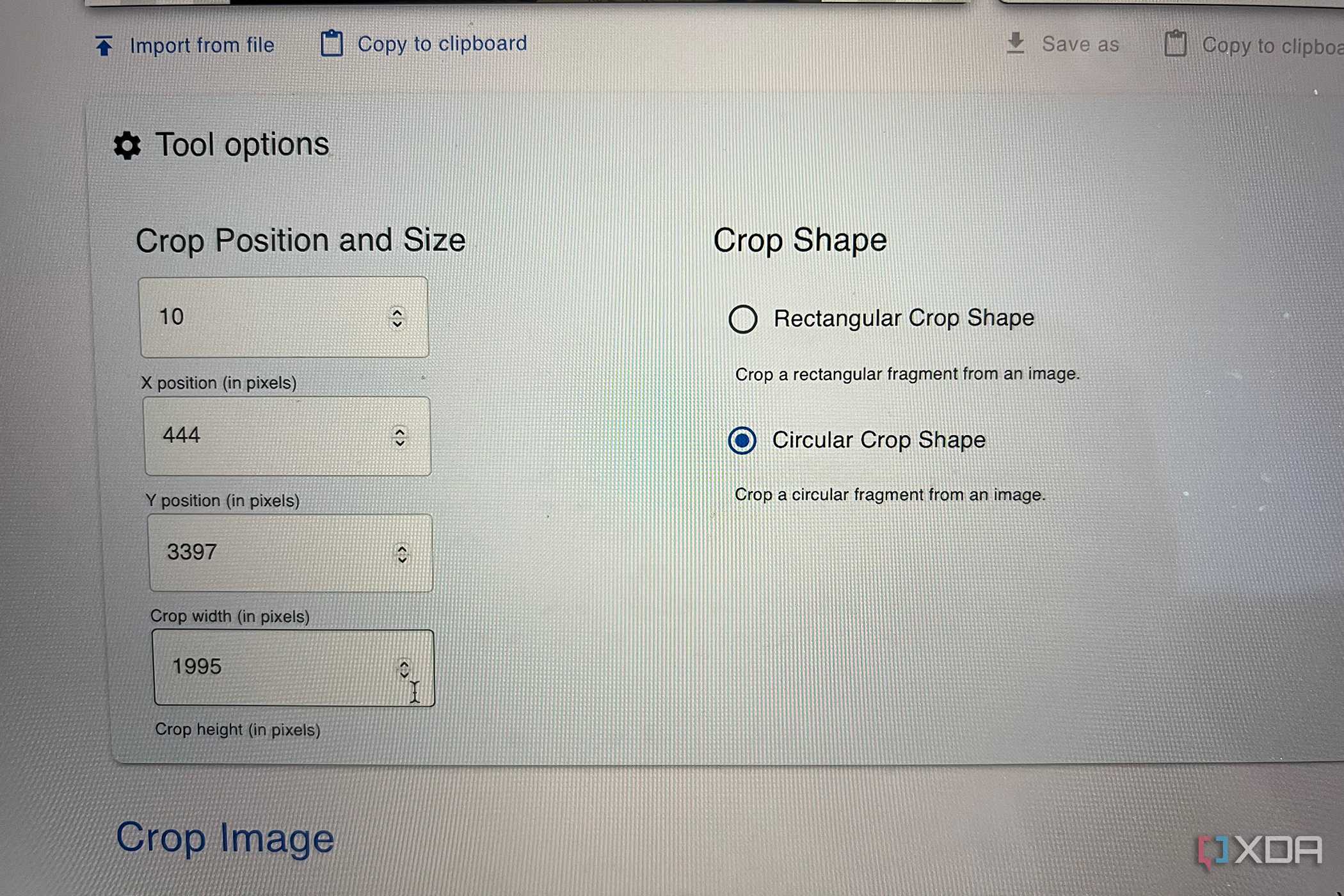 Omni Tools crop tool settings