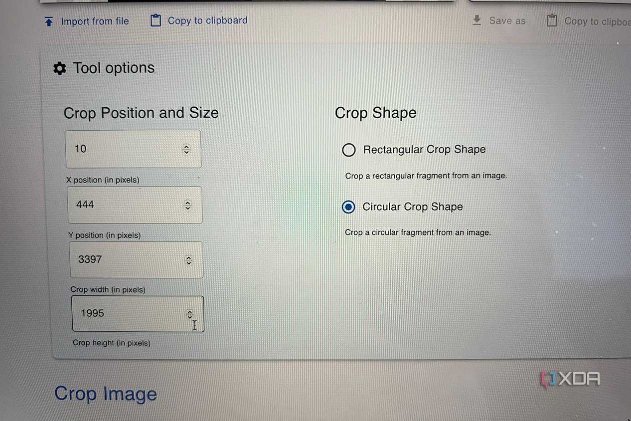 Omni Tools crop tool settings
