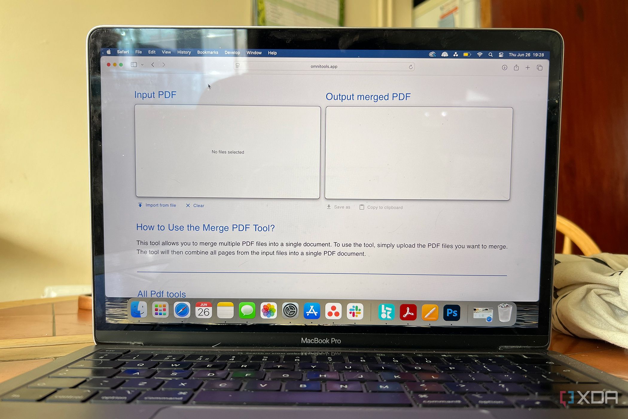 Omni Tools Merge PDF feature upload page