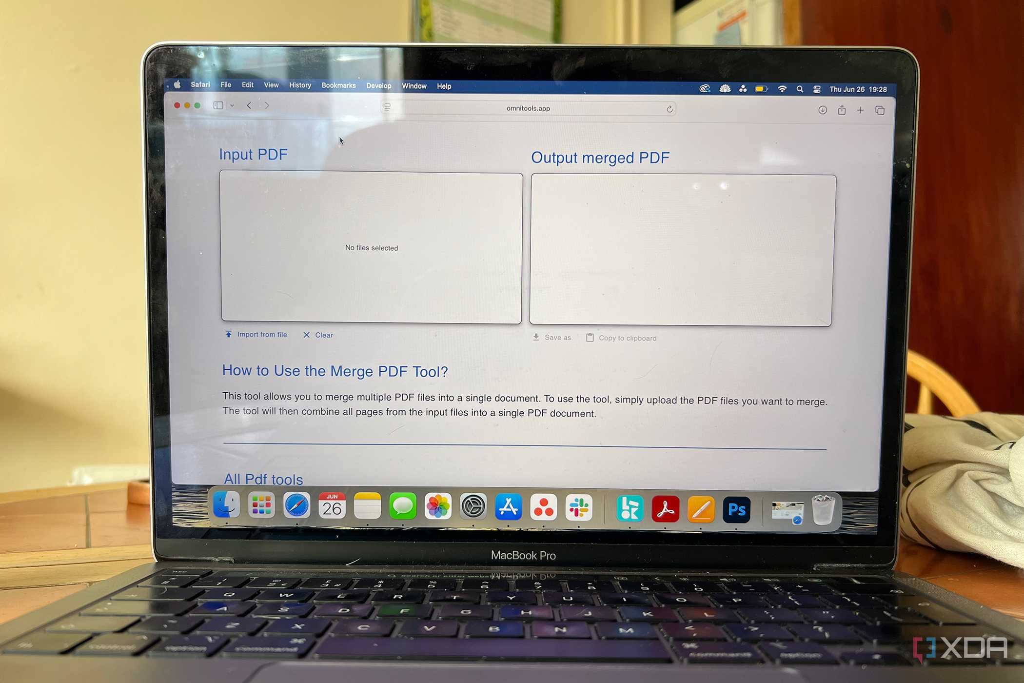 Omni Tools Merge PDF feature upload page