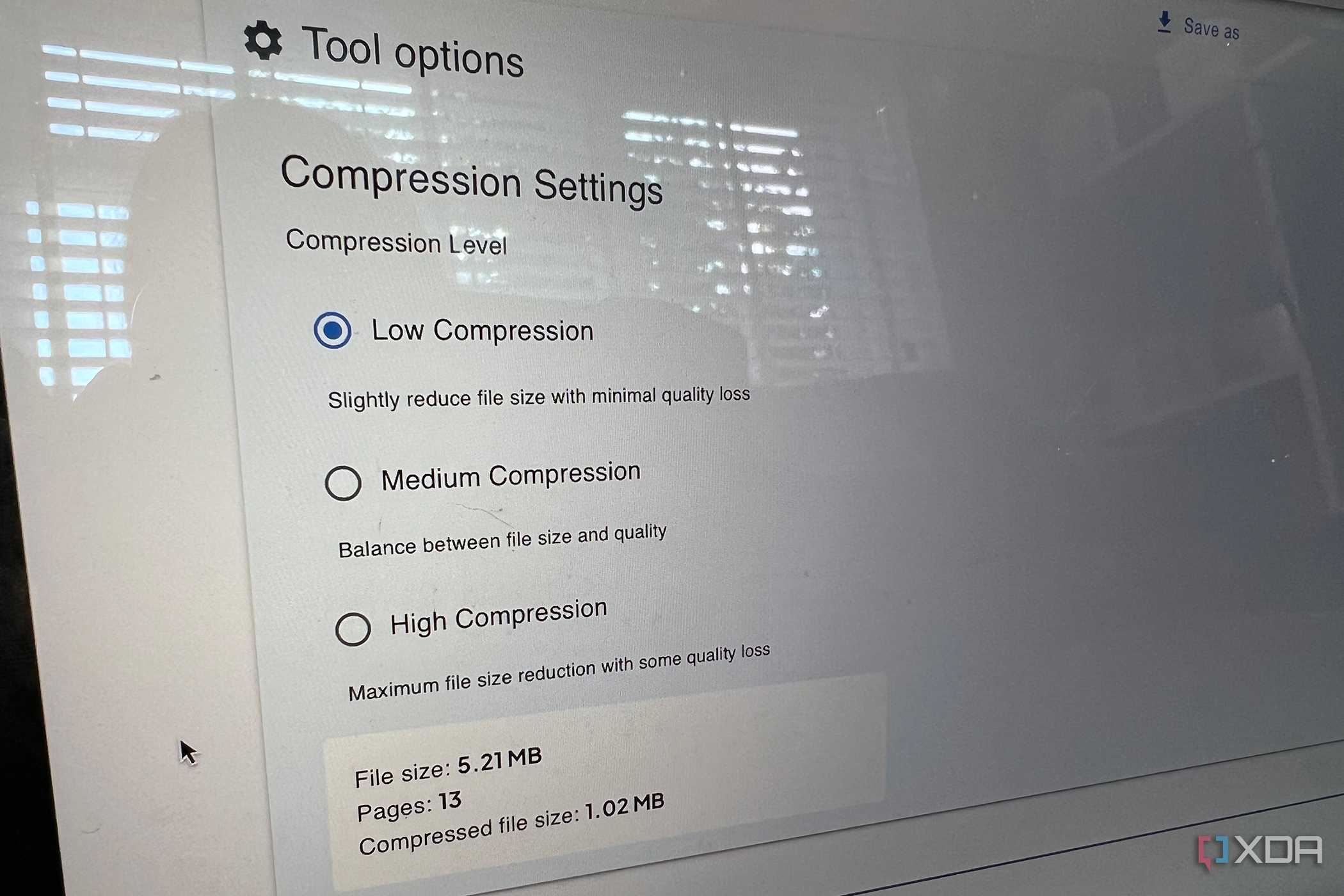 Omni Tools compress PDF feature low compression settings