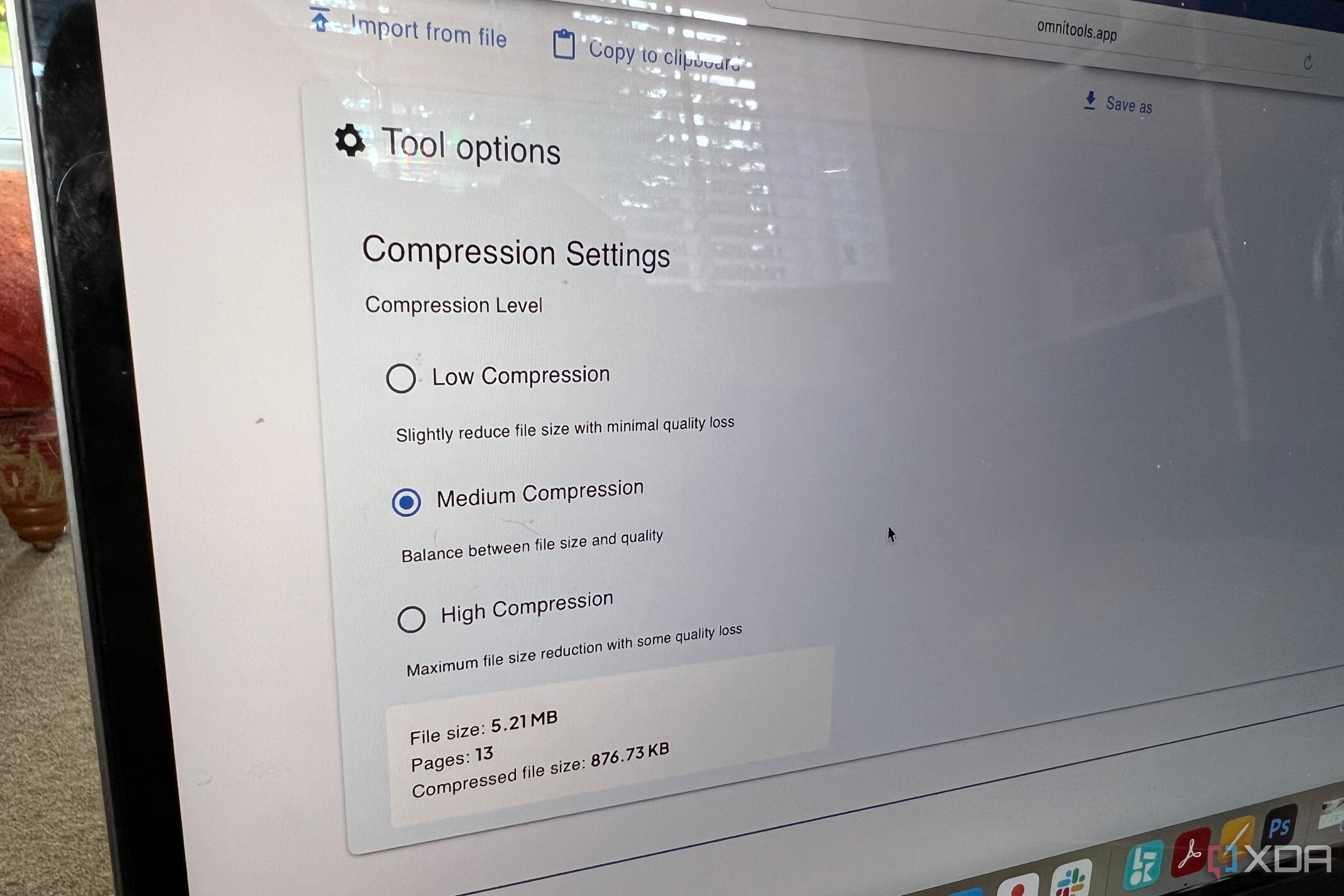 Omni Tools compress PDF feature medium compression settings