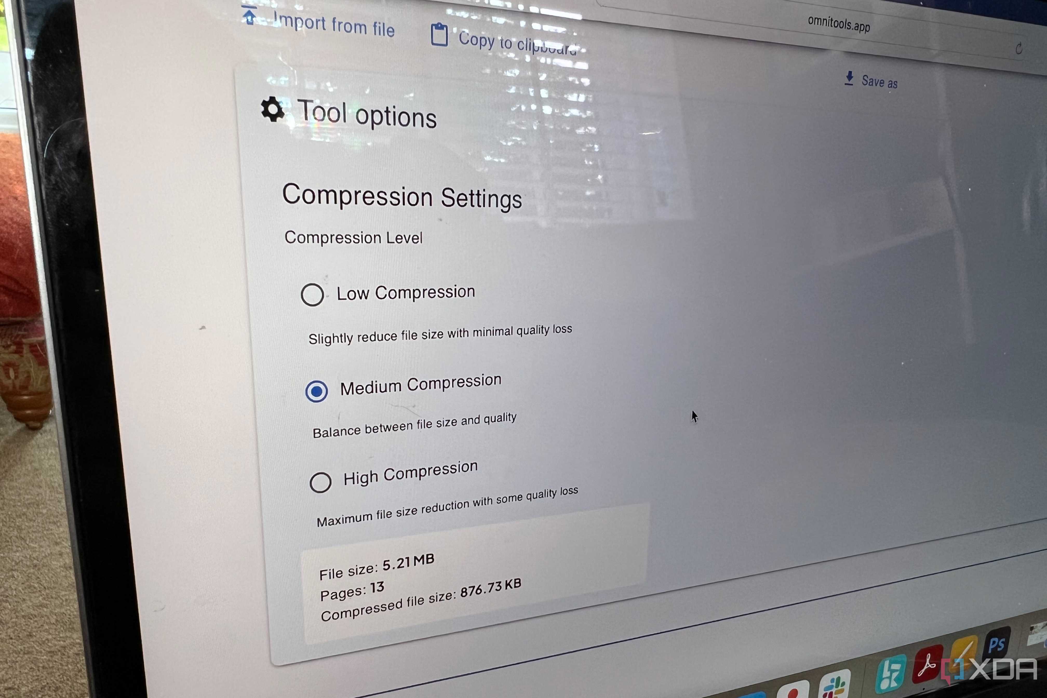 Omni Tools compress PDF feature medium compression settings