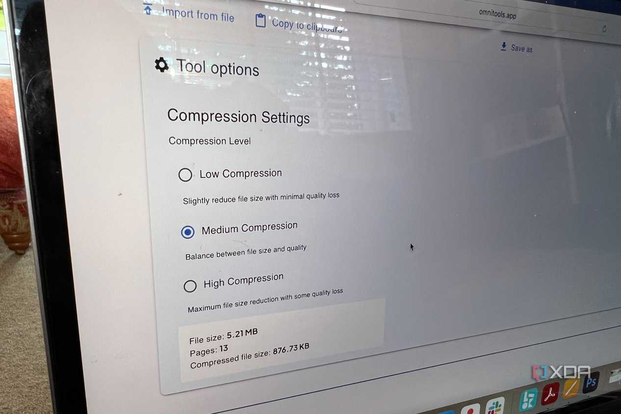 Omni Tools compress PDF feature medium compression settings