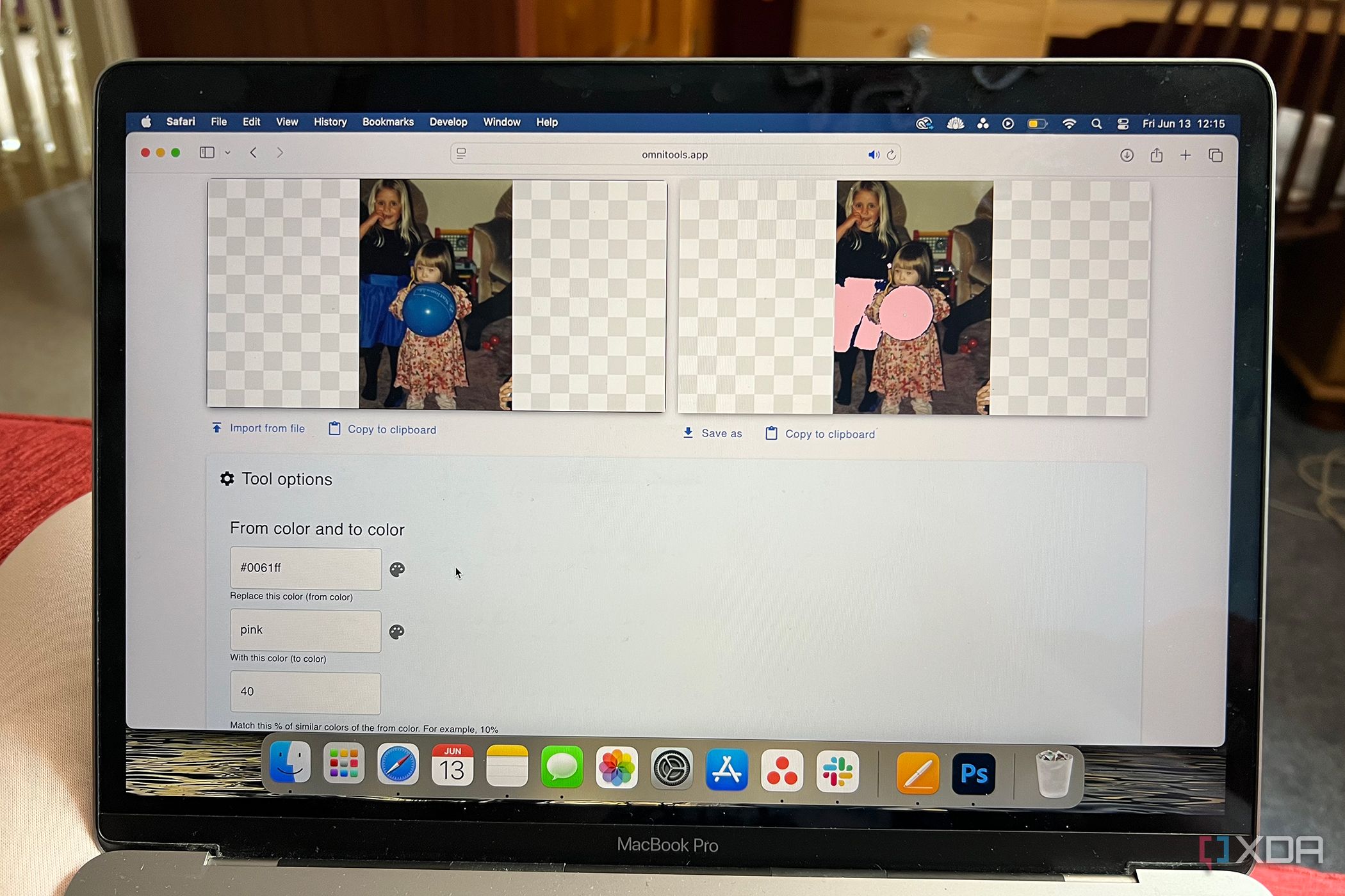 Omni Tools recolor image tool before and after changing blue to pink