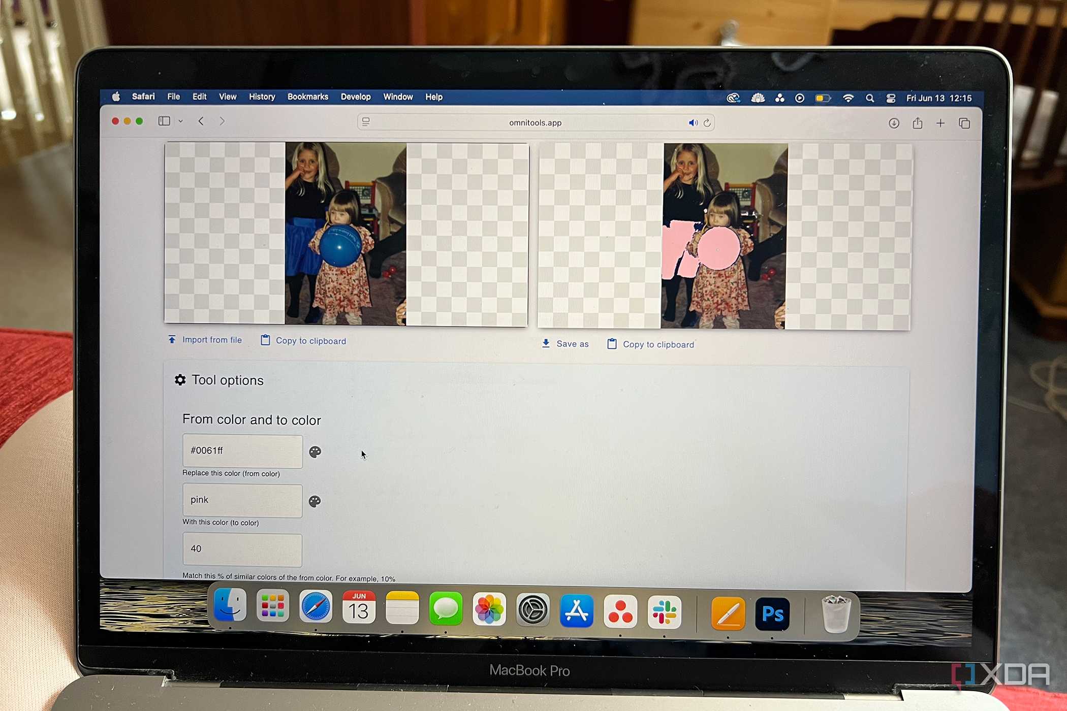 Omni Tools recolor image tool before and after changing blue to pink