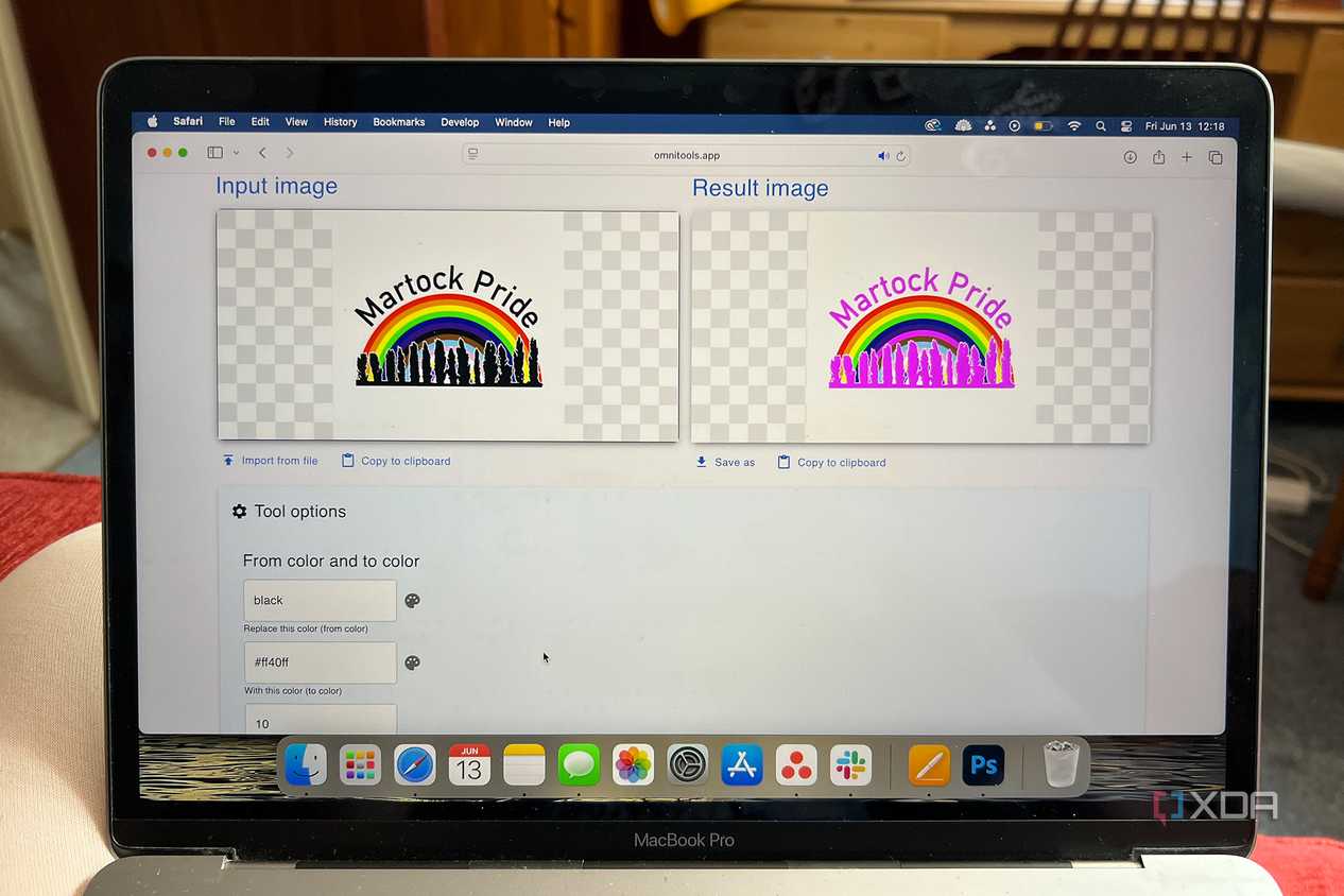 Omni Tools recolor image tool before and after changing black to pink