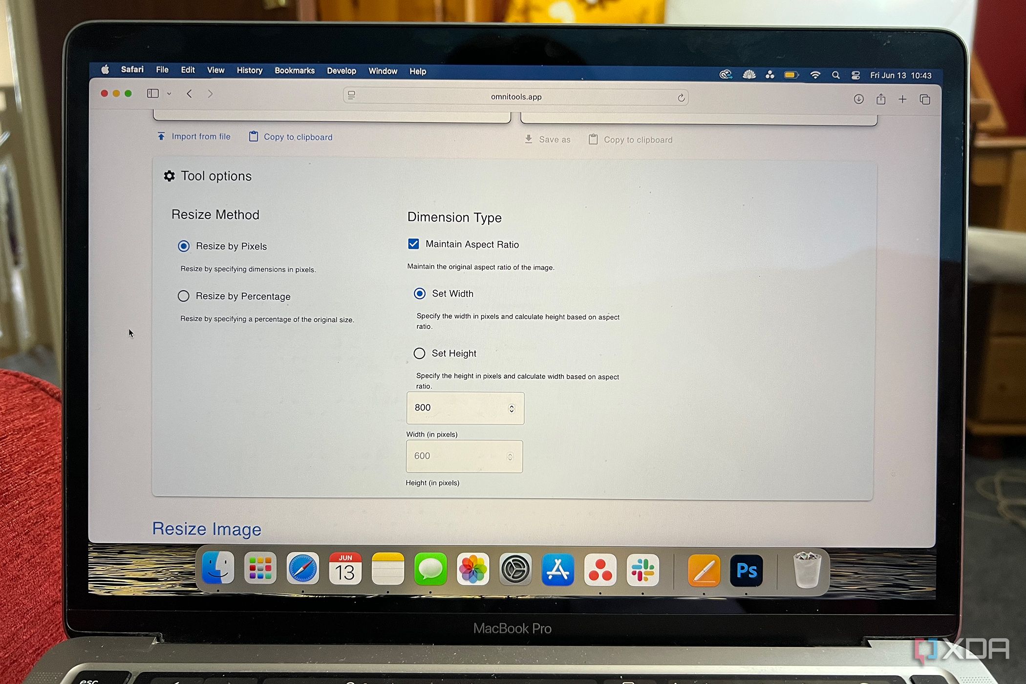 Omni Tools resize image tool settings