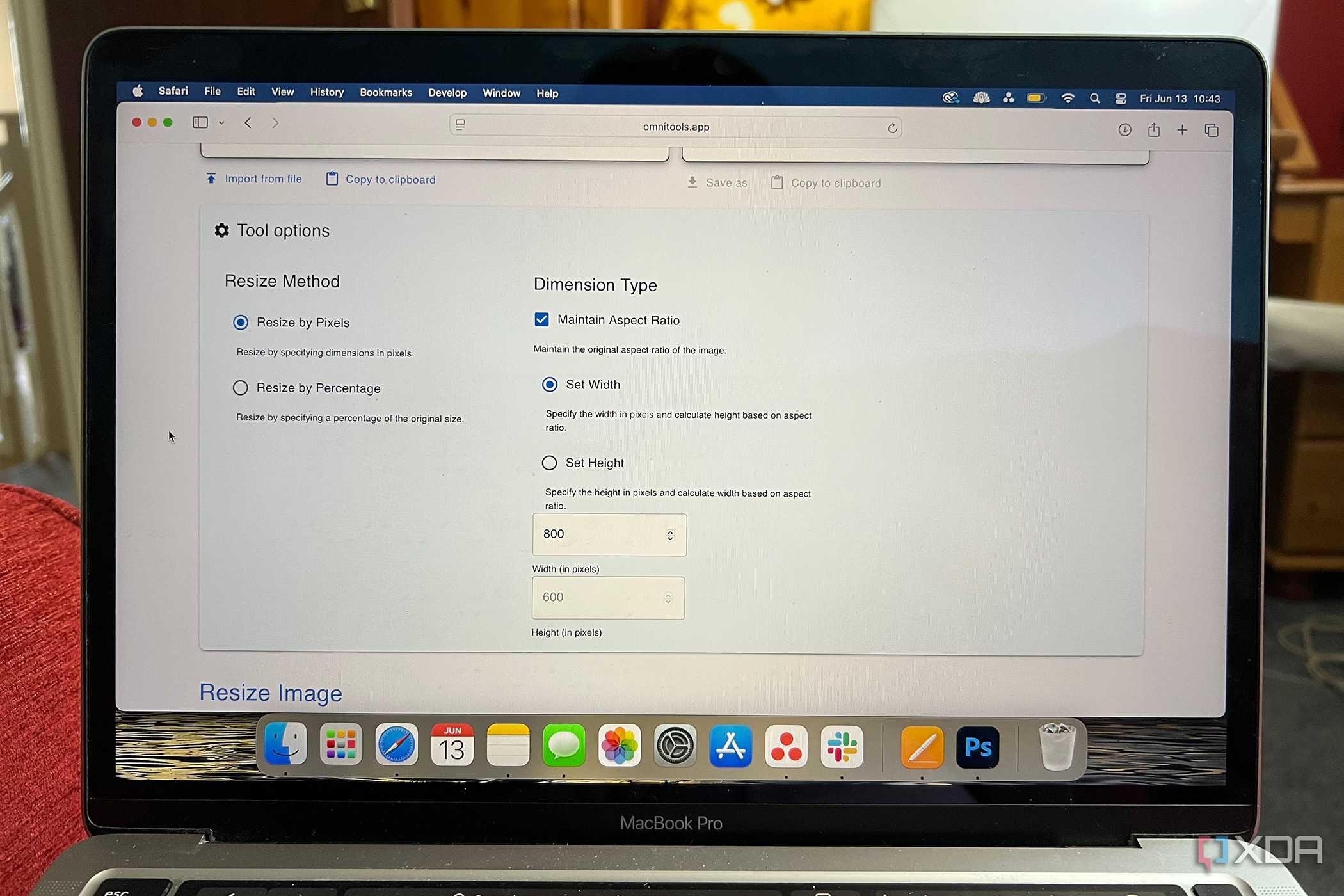 Omni Tools resize image tool settings