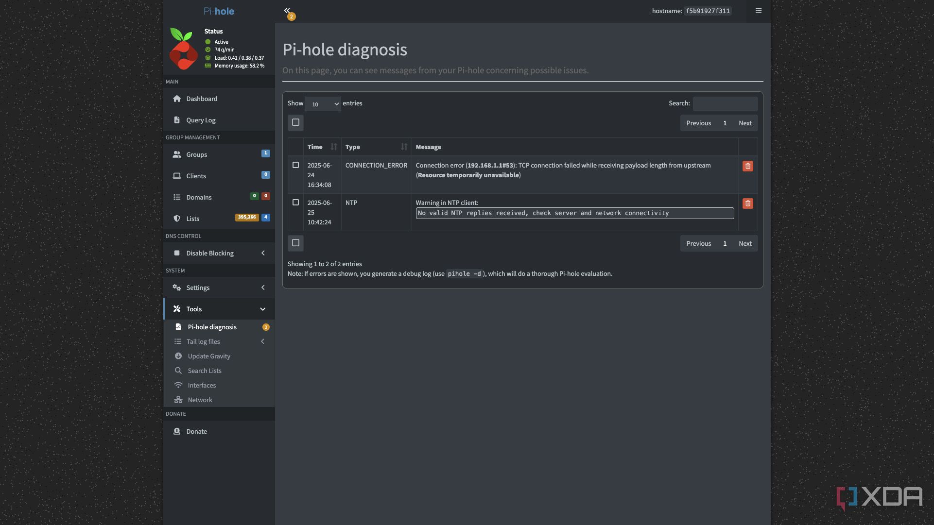 Screenshot of Pi-hole showing two errors in the diagnostic tab